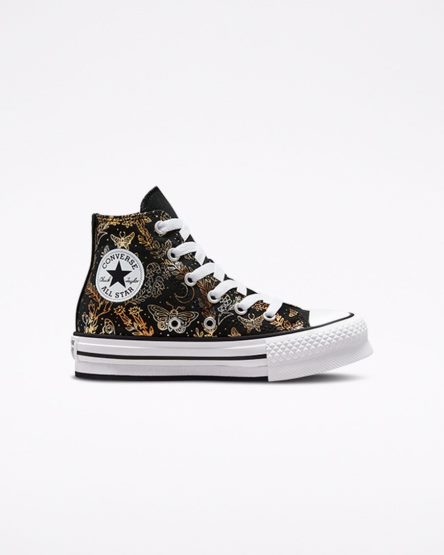 Zapatos Plataforma Converse Chuck Taylor All Star EVA Lift Butterfly Shine Altas Niña Negras Doradas Blancas | PE 8WEL54